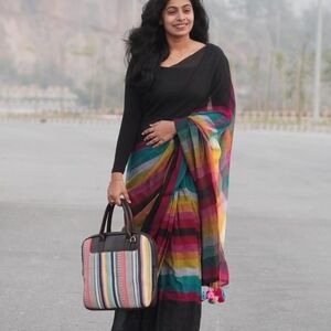 Colorful Striped Saree with Matching Bag